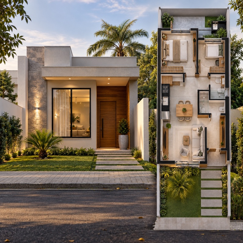 casa de 6 m de frente com planta humanizada ao lado