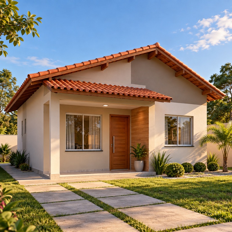 casa popular de 2 quartos com fachada simples e telhado aparente